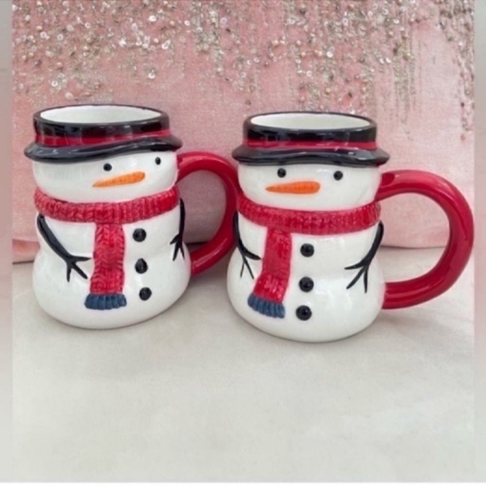 Set of 2 Christmas Snowman Mug Winter Red Scarf Seasonal Dining